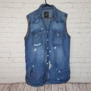 Lucky Brand Distressed Denim Linen Blend Vest